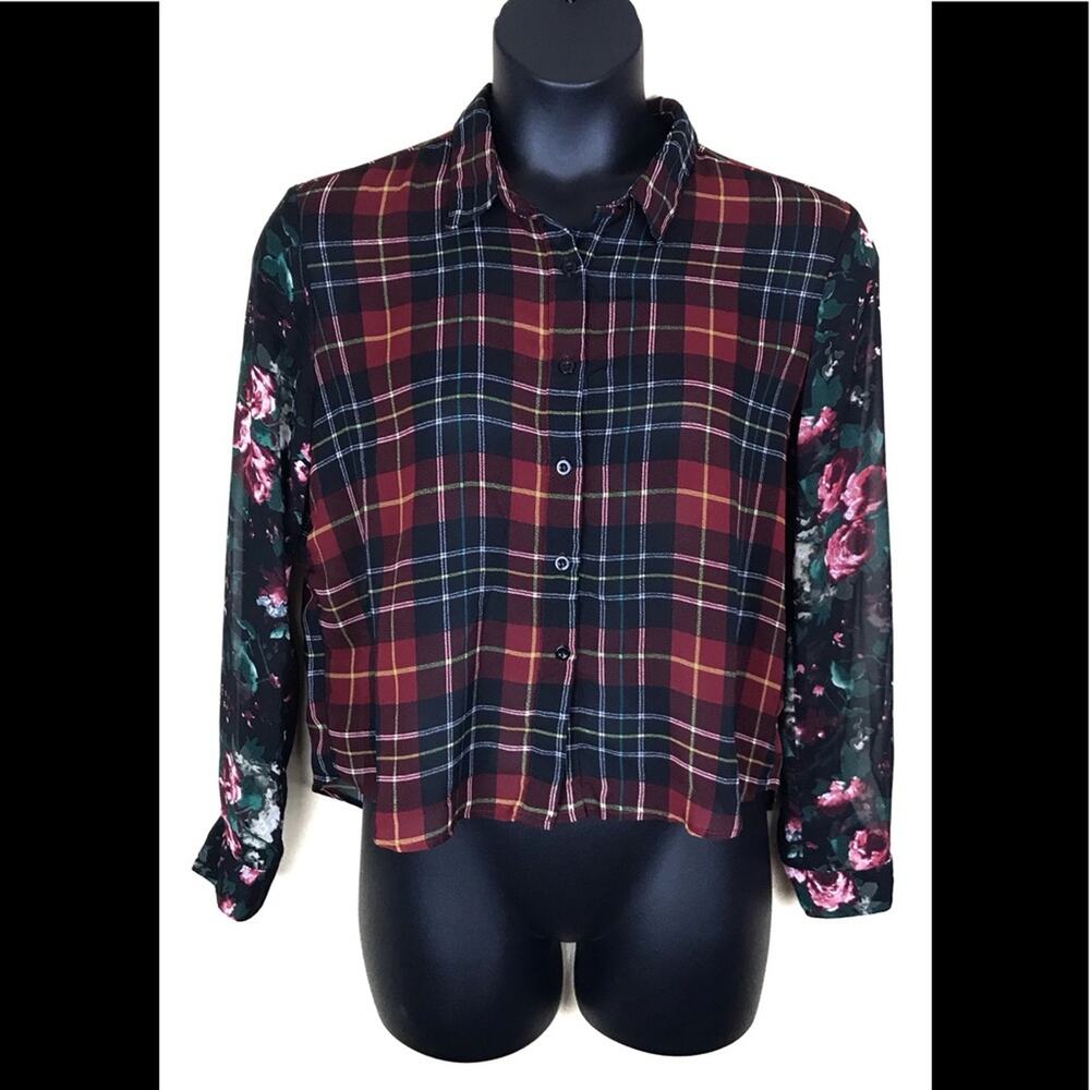 Sans Souci Sheer Plaid Top Floral Sleeves Sz Large
